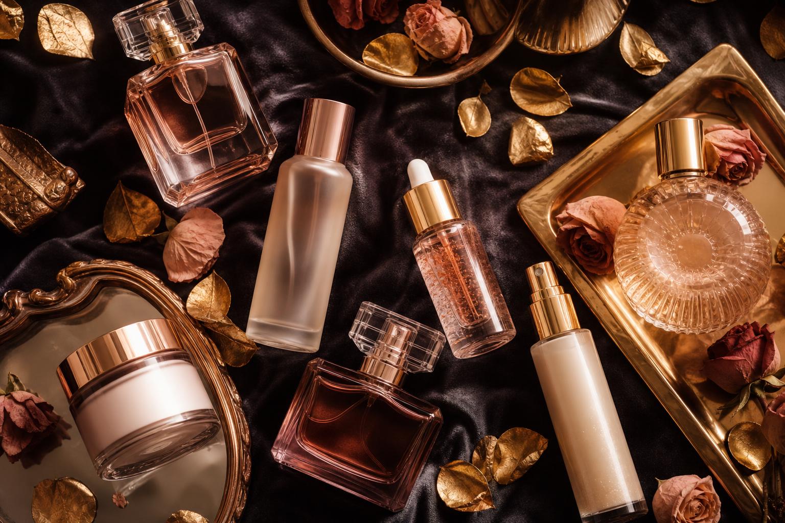 Composição luxuosa de perfumes e skincare em tons rose gold e dourado